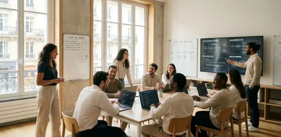 Équipe en réunion autour d'une grande table, présentation sur écran et tableaux blancs, ambiance de travail collaborative. Automatisation ia pour agence web.