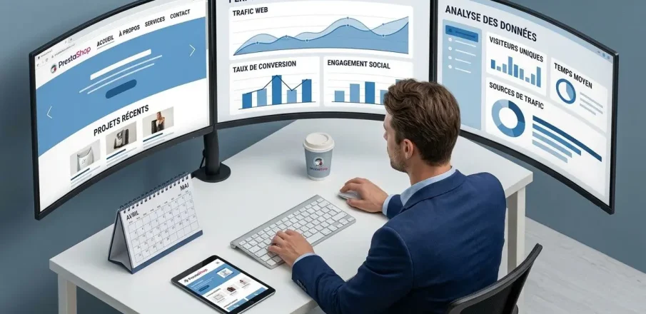 Gestion d’un poste avec trois écrans affichant des dashboards, travailleur en costume sur une montée version prestashop pour migration vers PrestaShop 9.