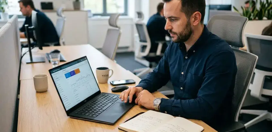 Homme travaillant sur un ordinateur portable dans un bureau, notebook et notes à portée de main, ambiance professionnelle. chatbots IA pour entreprise intégrée.
