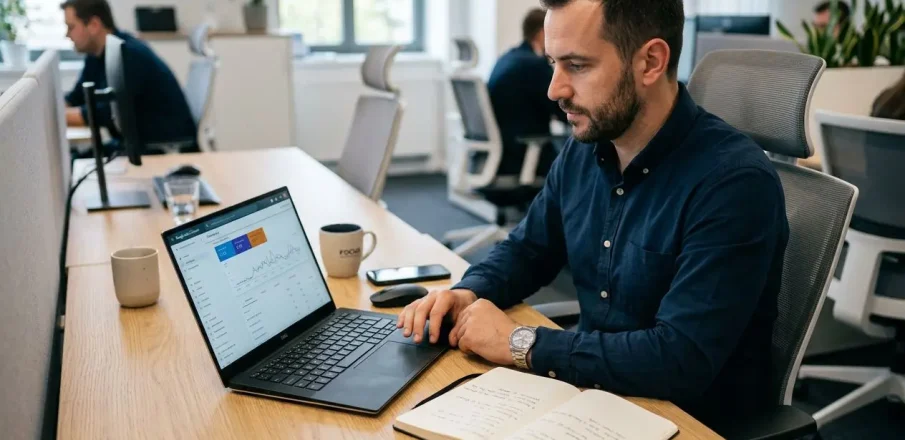Homme travaillant sur un ordinateur portable dans un bureau ouvert, avec carnet et tasse à café, en mode concentré. MotClé intégré: mots clés pour seo.