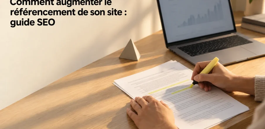 Un humain écrit ou coche des passages sur une feuille blanche posée sur une table en bois, avec un ordinateur portable