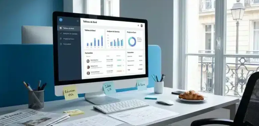 Ordinateur de bureau affichant un tableau de bord avec graphiques et chiffres, sur un bureau organisé et lumineux.