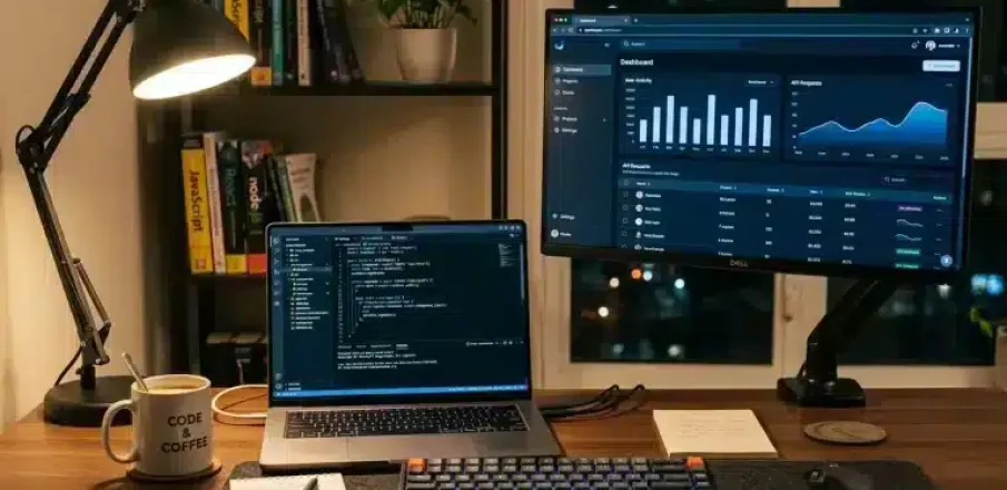 Ordinateur portable et grand écran affichant des données analytics, clavier rétroéclairé, lampe de bureau et plantes en arrière-plan, espace bureau épuré. Mot clé intégré: mots clés seo comment choisir.