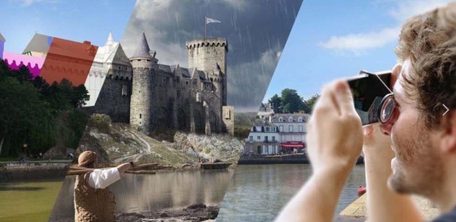 Une personne prend une photo avec un appareil photo, devant un paysage mêlant château et ville.