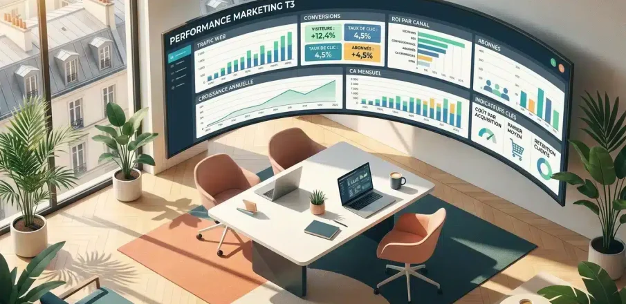 Salle de contrôle moderne avec écrans affichant des graphiques et métriques de performance, postes de travail et plantes d’intérieur. Qu'est-ce que l'intégration ERP: image.