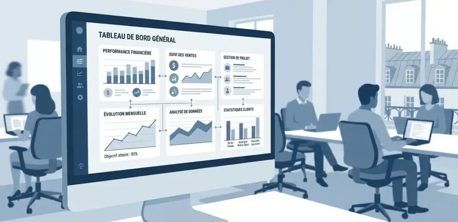 Tableau de bord général affiché sur un écran en open space, avec graphiques et indicateurs financiers. Comment choisir son crm intégré naturellement.